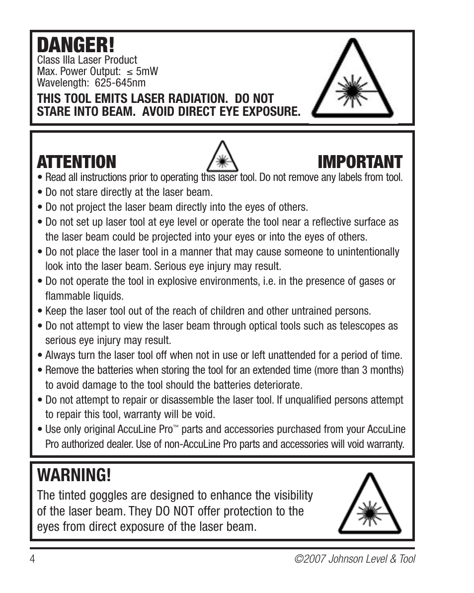 Danger, Warning, Attention important | Johnson Level & Tool Mfg. 40-6510 User Manual | Page 4 / 24