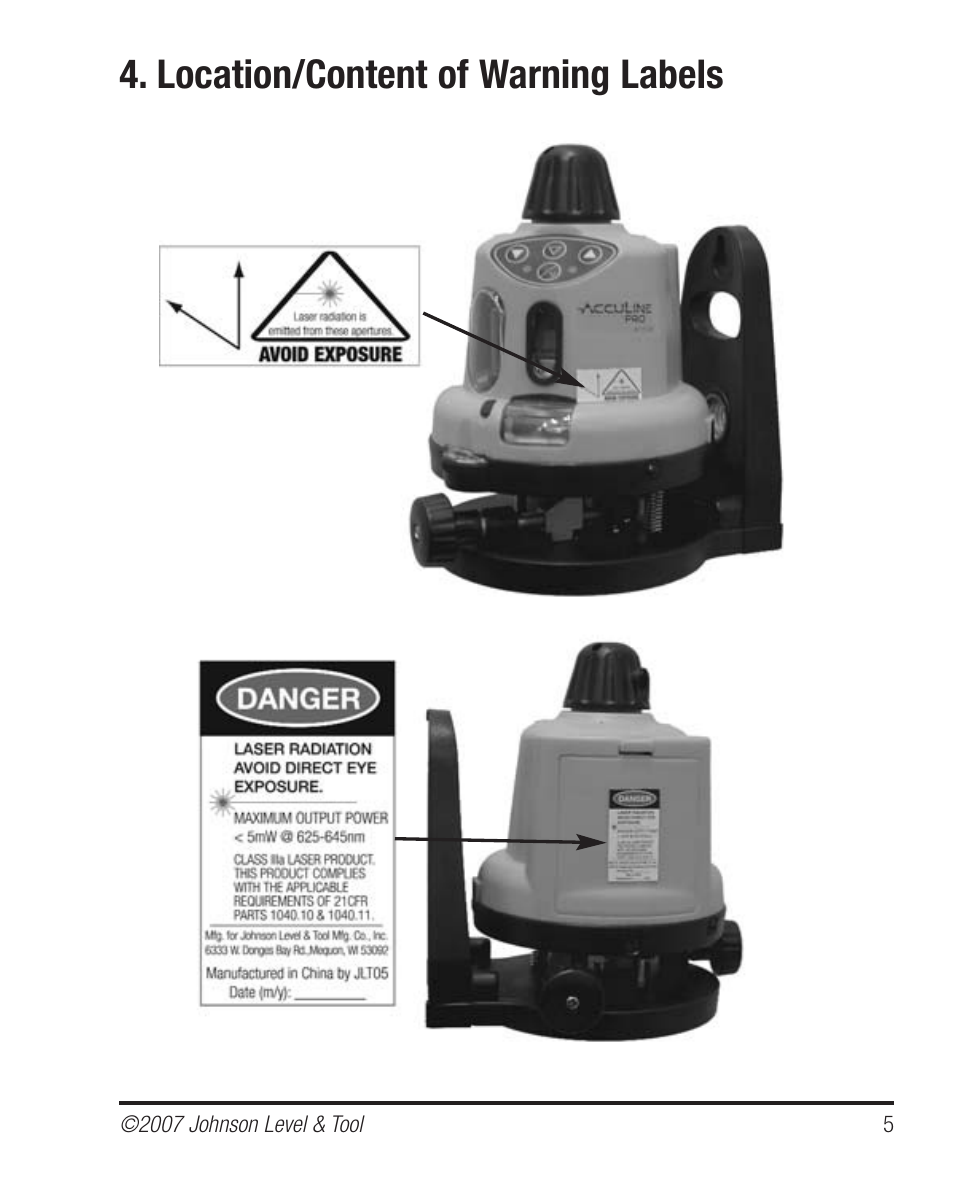 Location/content of warning labels | Johnson Level & Tool Mfg. 40-6510 User Manual | Page 5 / 24