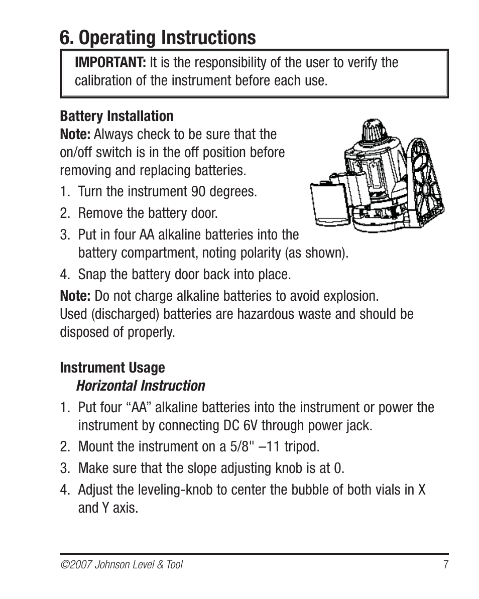 Operating instructions | Johnson Level & Tool Mfg. 40-6510 User Manual | Page 7 / 24