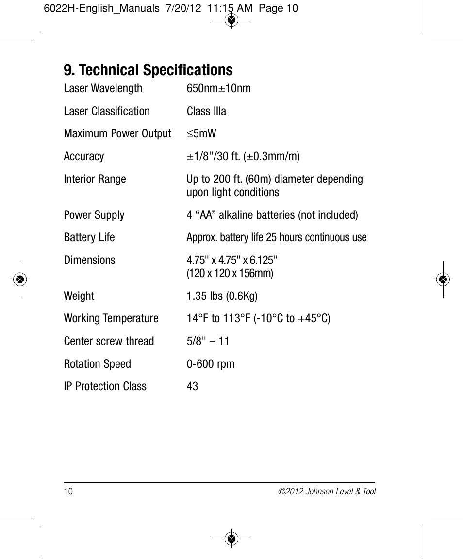 Technical specifications | Johnson Level & Tool Mfg. 40-0922 User Manual | Page 10 / 14