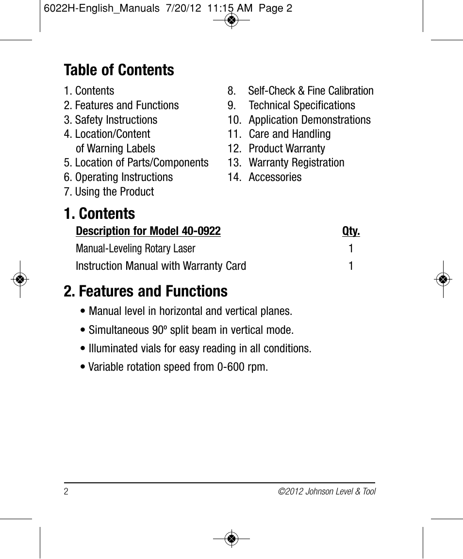 Johnson Level & Tool Mfg. 40-0922 User Manual | Page 2 / 14