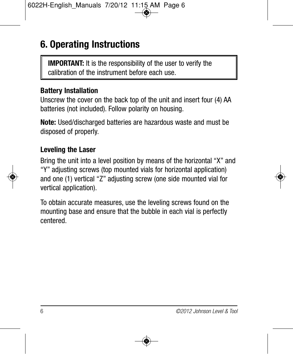 Operating instructions | Johnson Level & Tool Mfg. 40-0922 User Manual | Page 6 / 14