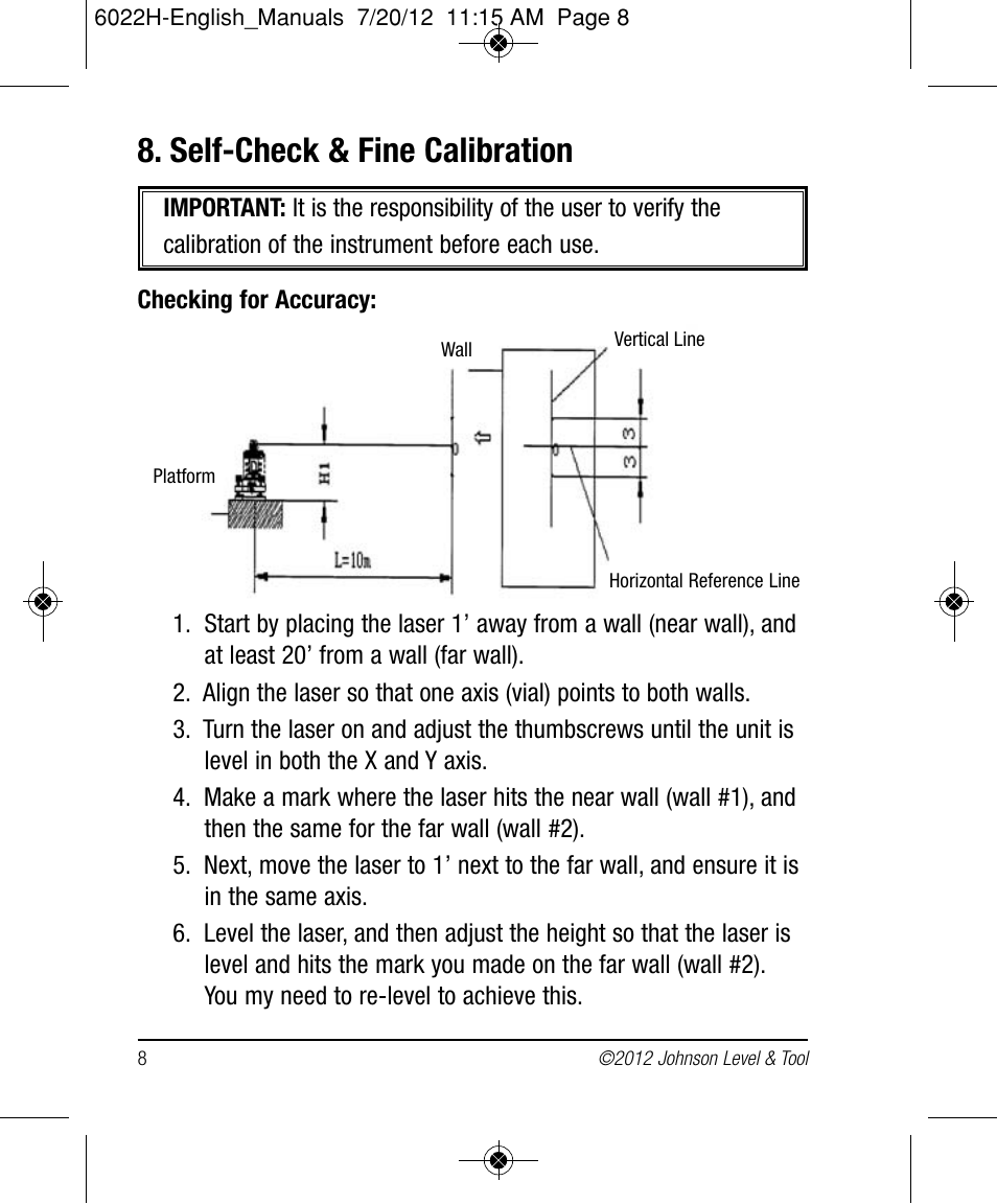 Self-check & fine calibration | Johnson Level & Tool Mfg. 40-0922 User Manual | Page 8 / 14