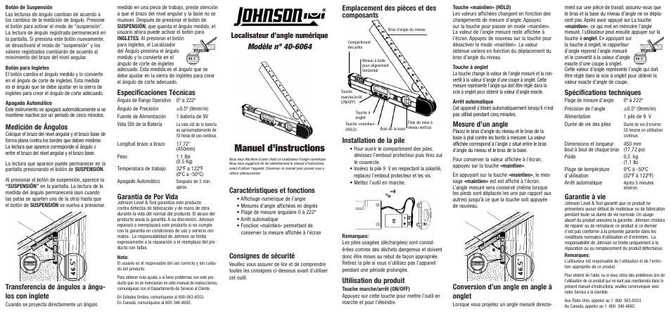 Manuel d’instructions, Localisateur d’angle numérique, Medición de ángulos | Transferencia de ángulos a ángu- los con inglete, Especificaciones técnicas, Garantía de por vida, Caractéristiques et fonctions, Consignes de sécurité, Installation de la pile, Utilisation du produit | Johnson Level & Tool Mfg. 40-6064 User Manual | Page 2 / 2