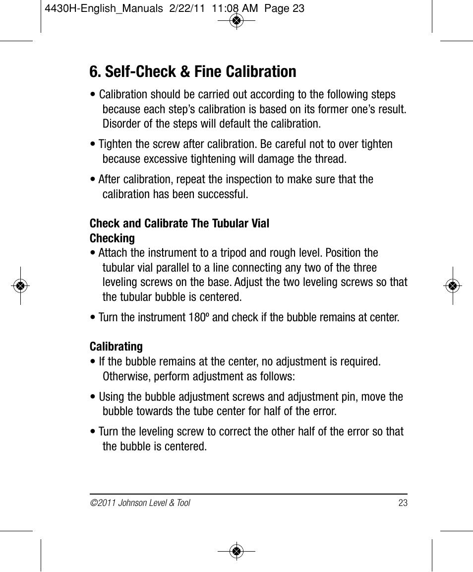Self-check & fine calibration | Johnson Level & Tool Mfg. 40-6935 User Manual | Page 23 / 36