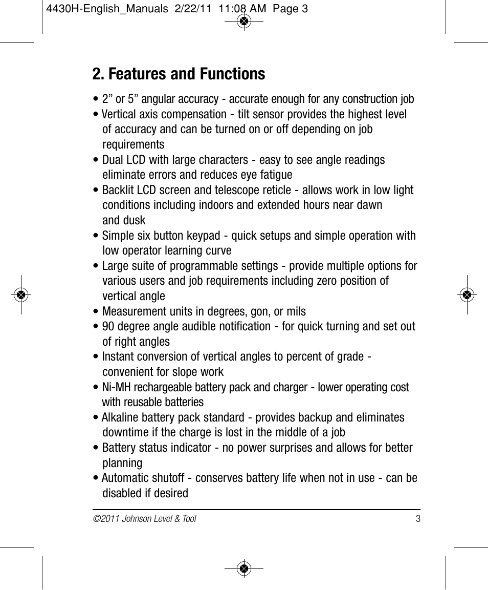 Features and functions | Johnson Level & Tool Mfg. 40-6935 User Manual | Page 3 / 36