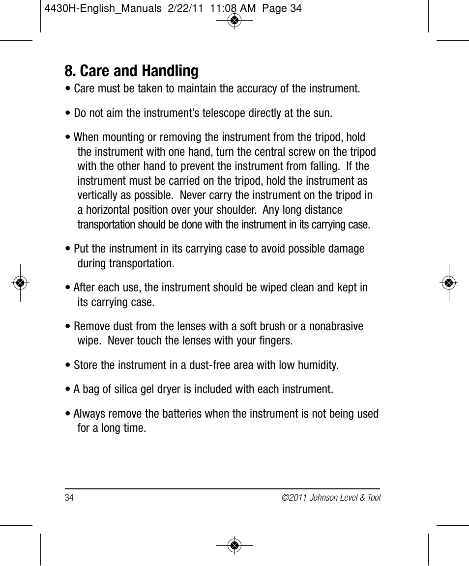 Care and handling | Johnson Level & Tool Mfg. 40-6935 User Manual | Page 34 / 36
