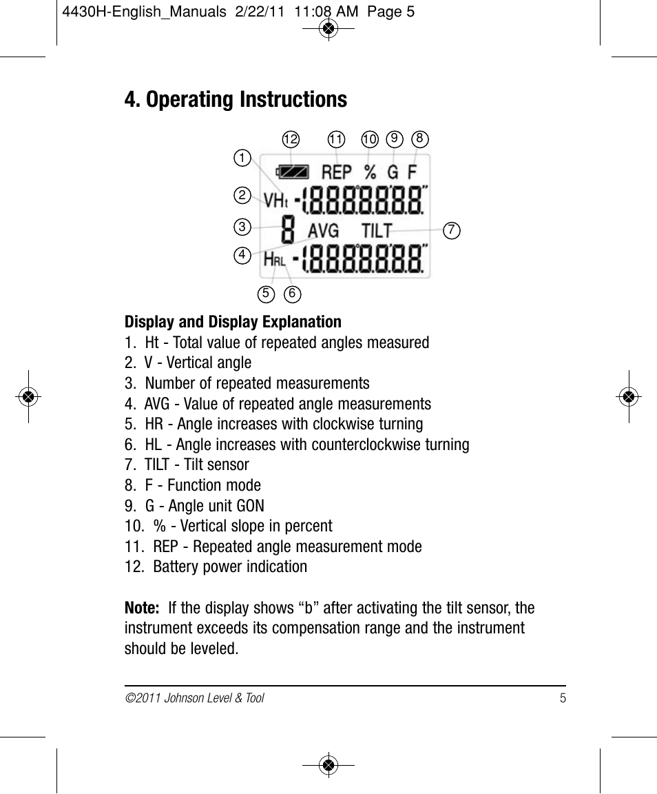 Operating instructions | Johnson Level & Tool Mfg. 40-6935 User Manual | Page 5 / 36