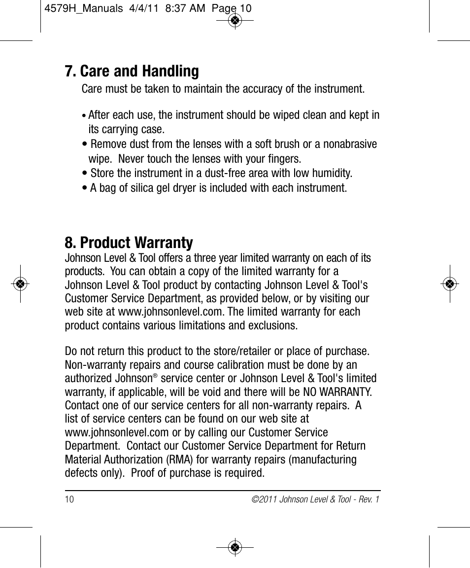Care and handling, Product warranty | Johnson Level & Tool Mfg. 40-6962 User Manual | Page 10 / 12