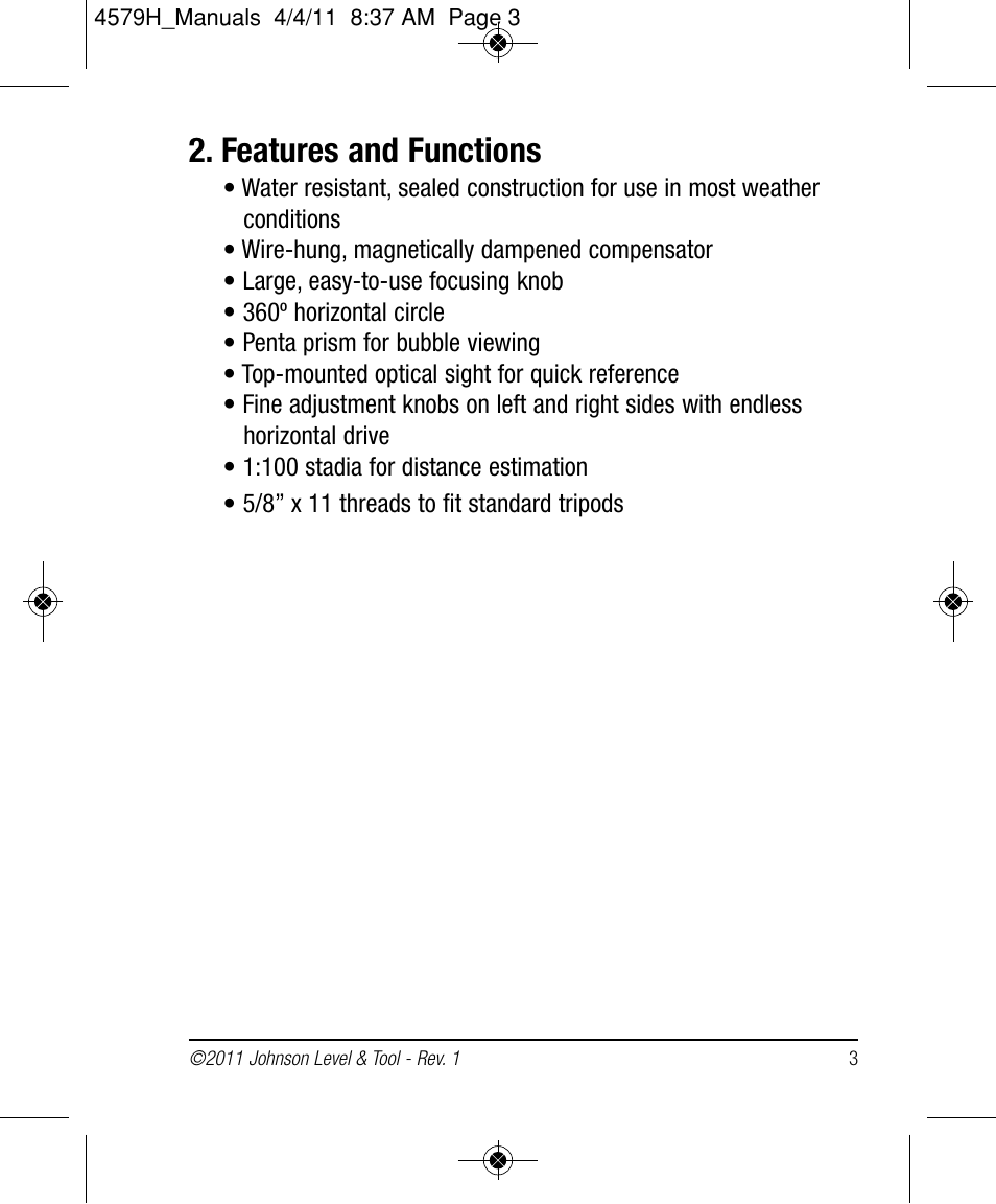 Features and functions | Johnson Level & Tool Mfg. 40-6962 User Manual | Page 3 / 12