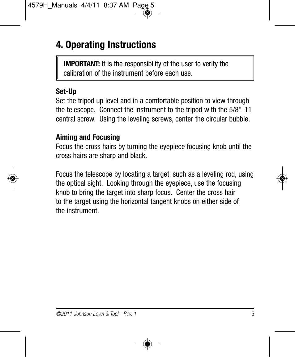 Operating instructions | Johnson Level & Tool Mfg. 40-6962 User Manual | Page 5 / 12