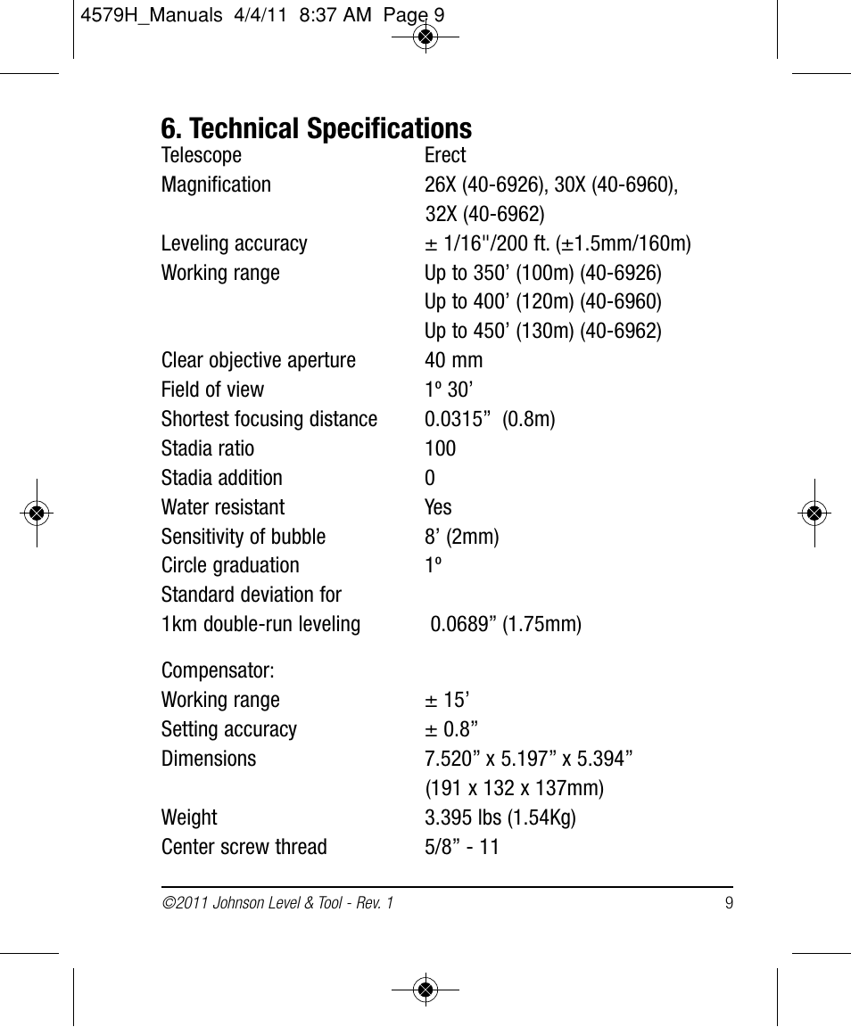 Technical specifications | Johnson Level & Tool Mfg. 40-6962 User Manual | Page 9 / 12