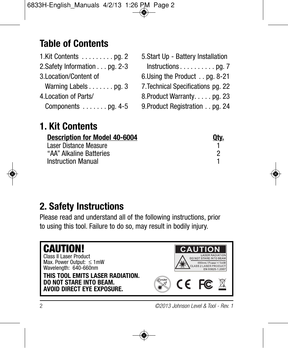 Johnson Level & Tool Mfg. 40-6004 User Manual | Page 2 / 24