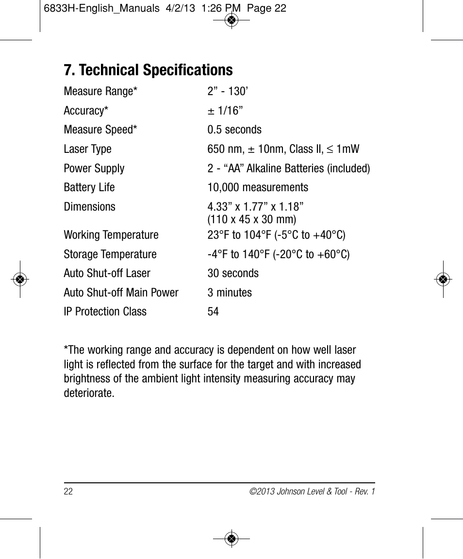 Technical specifications | Johnson Level & Tool Mfg. 40-6004 User Manual | Page 22 / 24