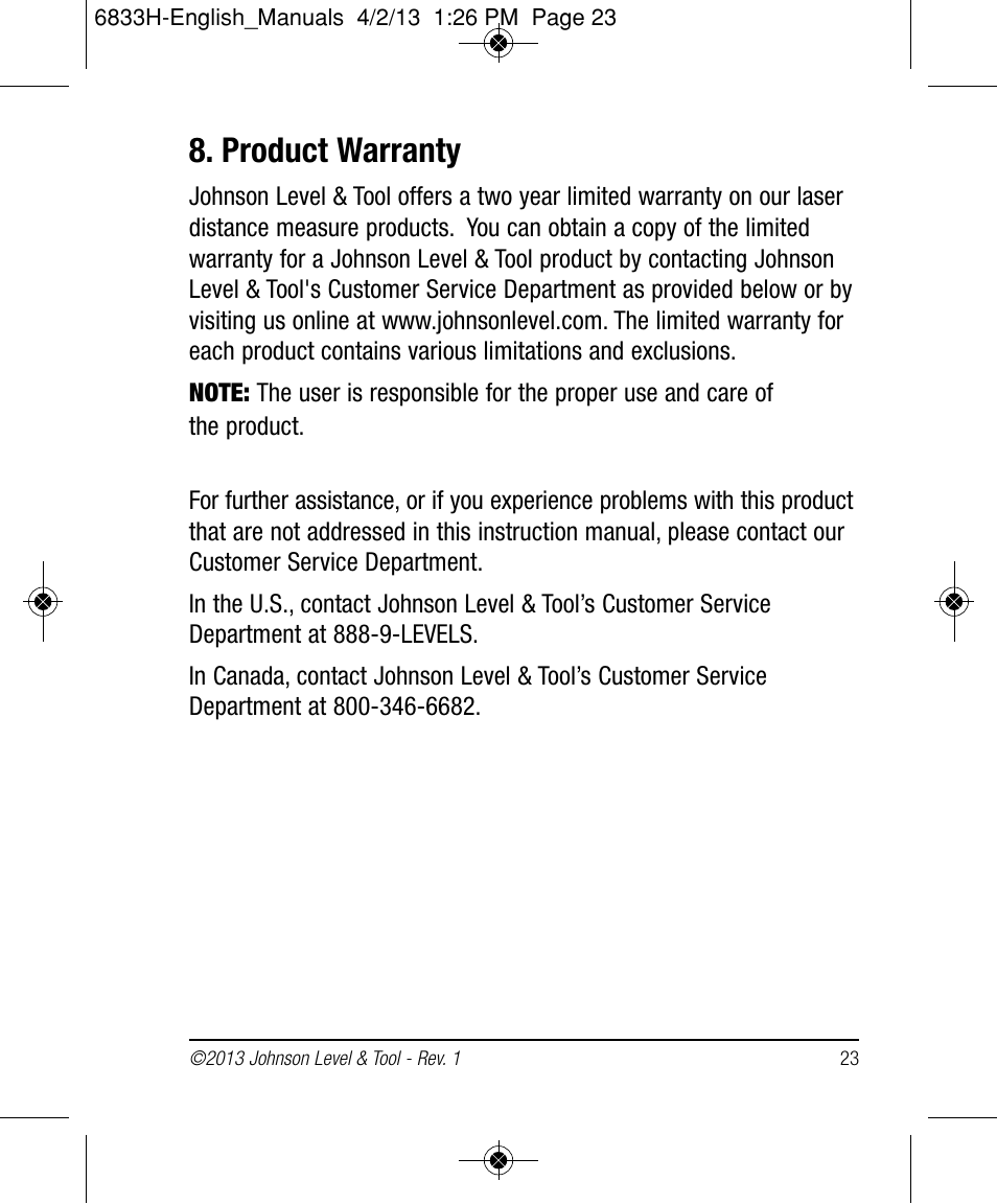 Product warranty | Johnson Level & Tool Mfg. 40-6004 User Manual | Page 23 / 24