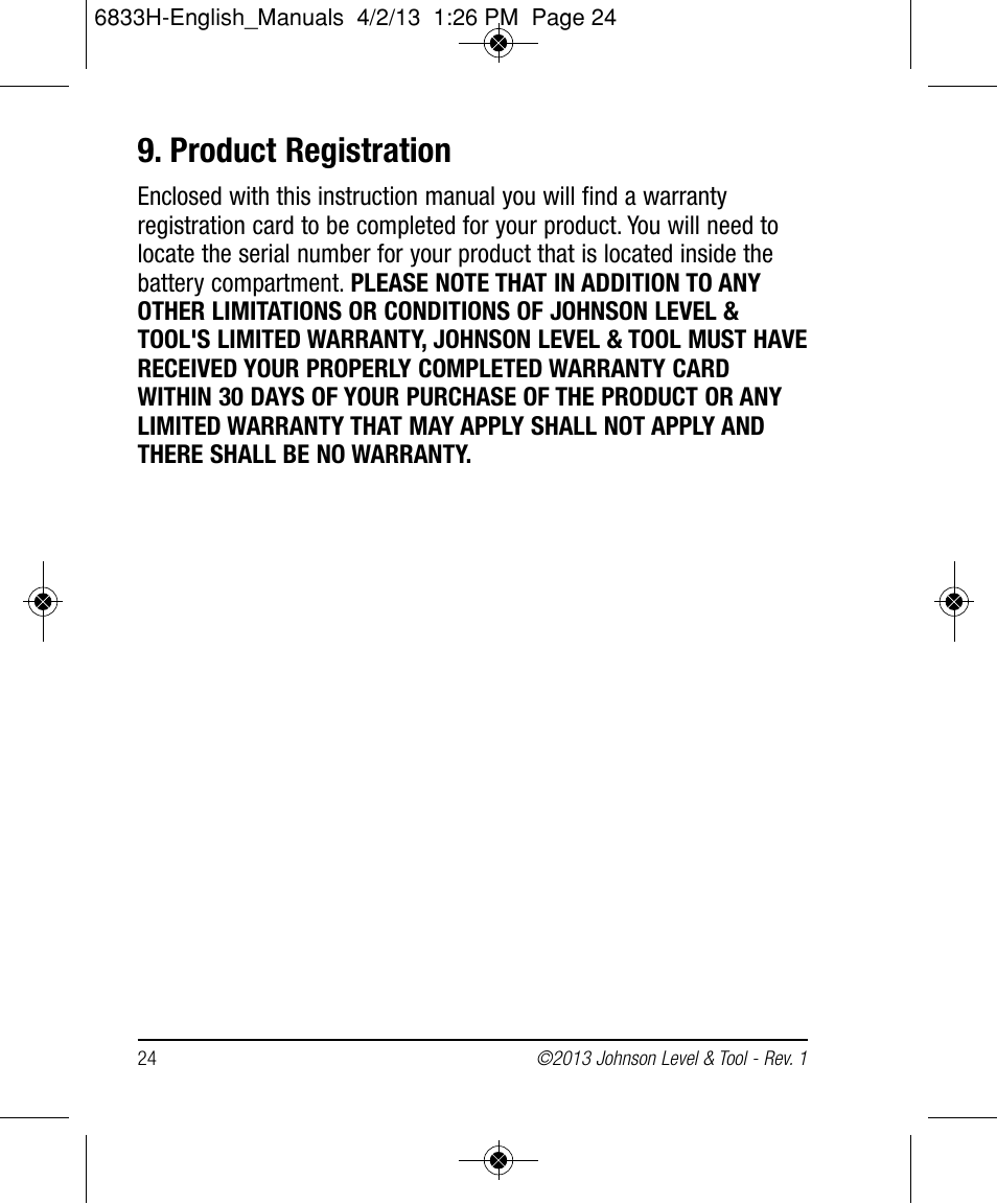 Product registration | Johnson Level & Tool Mfg. 40-6004 User Manual | Page 24 / 24