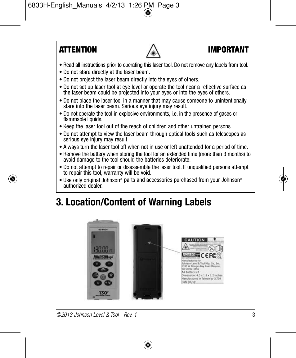 Location/content of warning labels, Attention important | Johnson Level & Tool Mfg. 40-6004 User Manual | Page 3 / 24