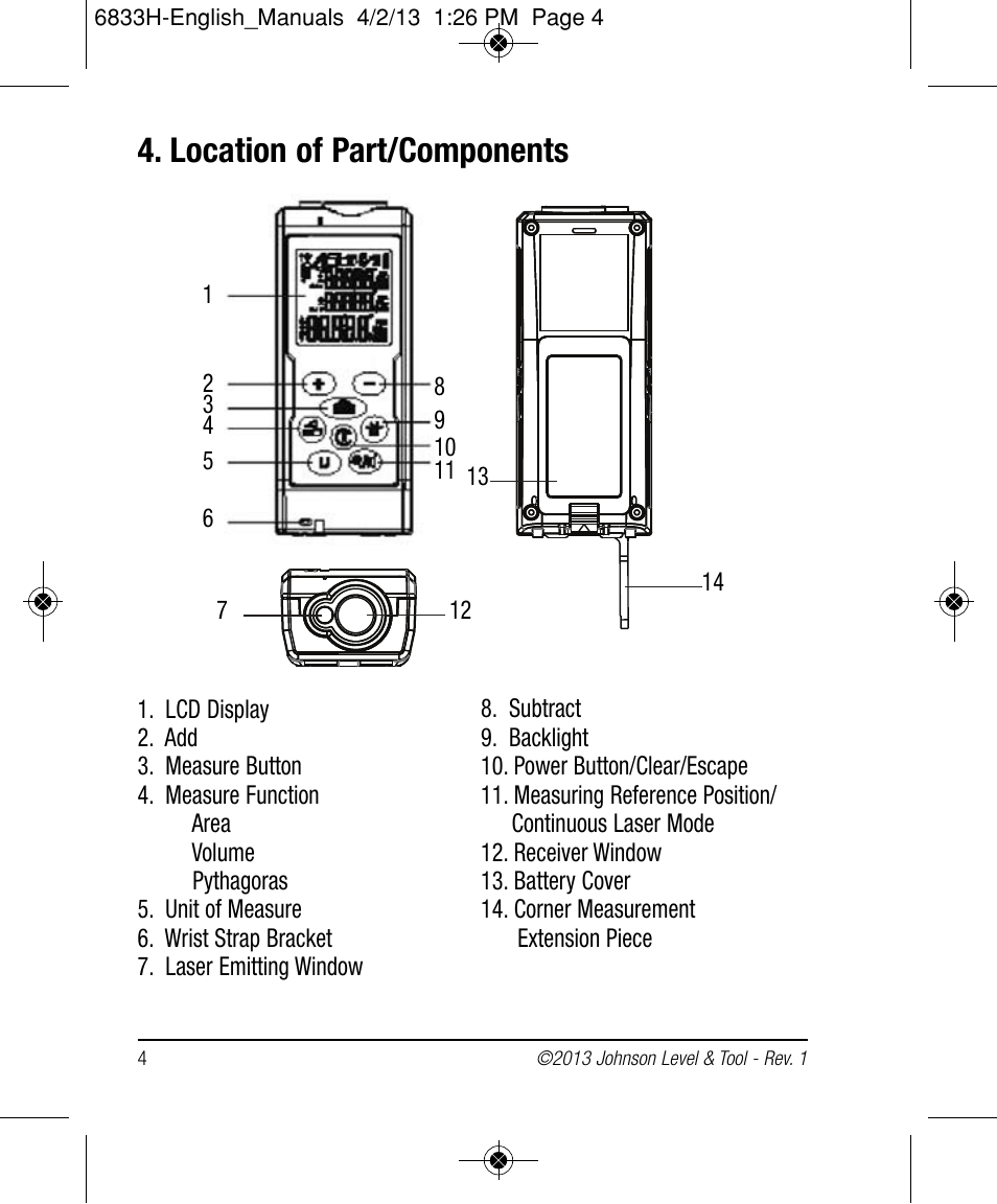 Location of part/components | Johnson Level & Tool Mfg. 40-6004 User Manual | Page 4 / 24