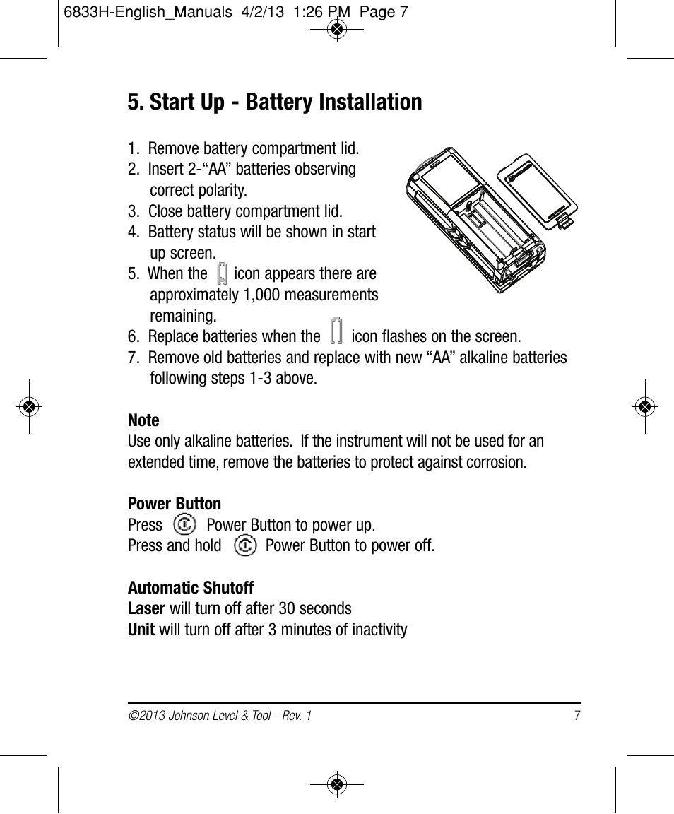 Start up - battery installation | Johnson Level & Tool Mfg. 40-6004 User Manual | Page 7 / 24
