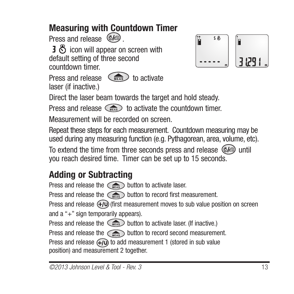 Measuring with countdown timer, Adding or subtracting | Johnson Level & Tool Mfg. 40-6001 User Manual | Page 13 / 32
