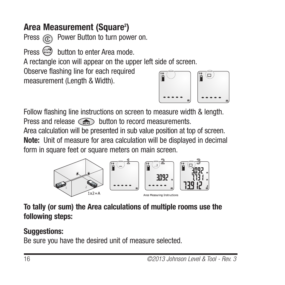 Area measurement (square | Johnson Level & Tool Mfg. 40-6001 User Manual | Page 16 / 32