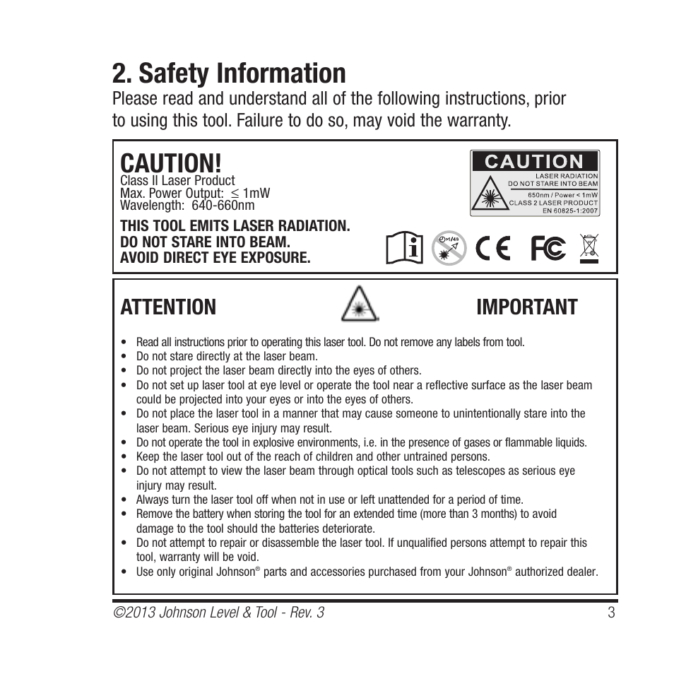 Safety information, Caution, Attention important | Johnson Level & Tool Mfg. 40-6001 User Manual | Page 3 / 32