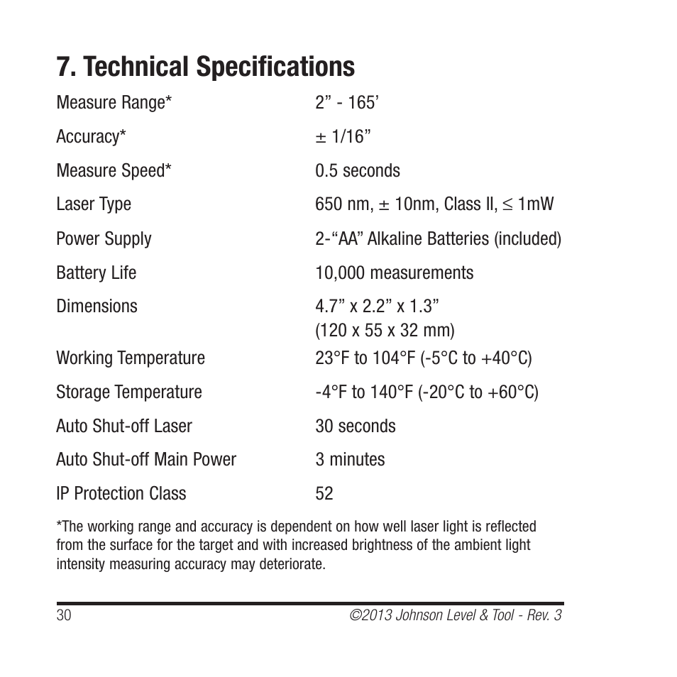 Technical specifications | Johnson Level & Tool Mfg. 40-6001 User Manual | Page 30 / 32