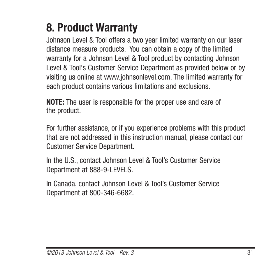 Product warranty | Johnson Level & Tool Mfg. 40-6001 User Manual | Page 31 / 32