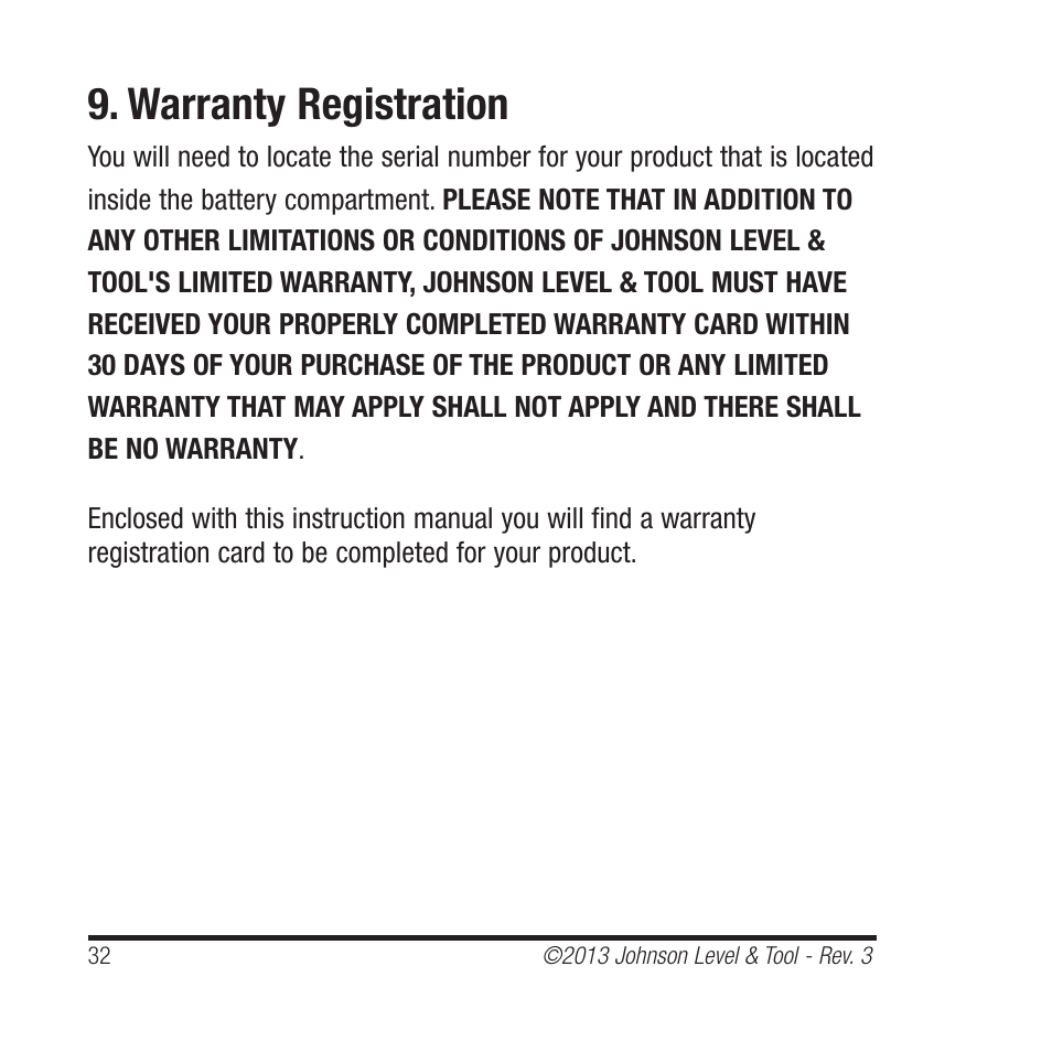 Warranty registration | Johnson Level & Tool Mfg. 40-6001 User Manual | Page 32 / 32
