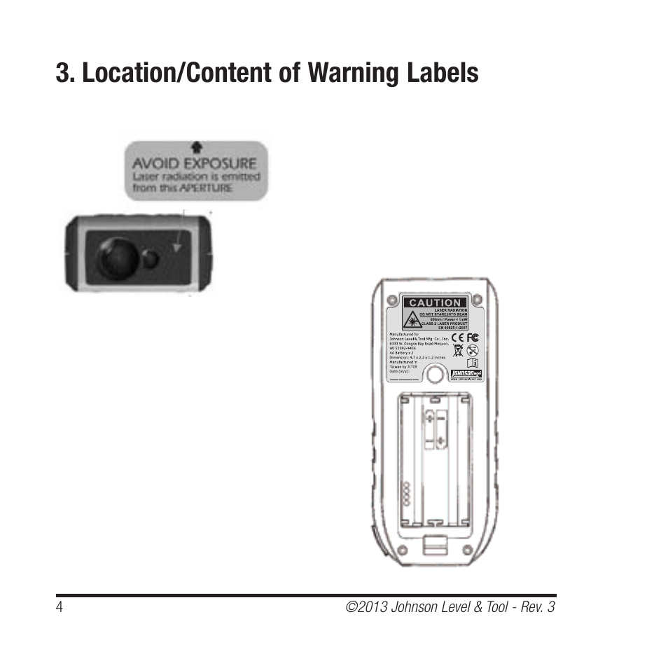 Location/content of warning labels | Johnson Level & Tool Mfg. 40-6001 User Manual | Page 4 / 32