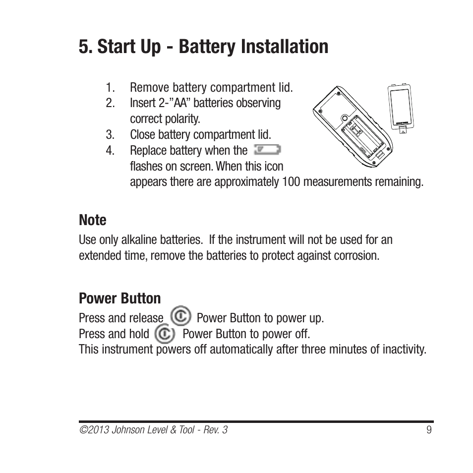 Start up - battery installation | Johnson Level & Tool Mfg. 40-6001 User Manual | Page 9 / 32