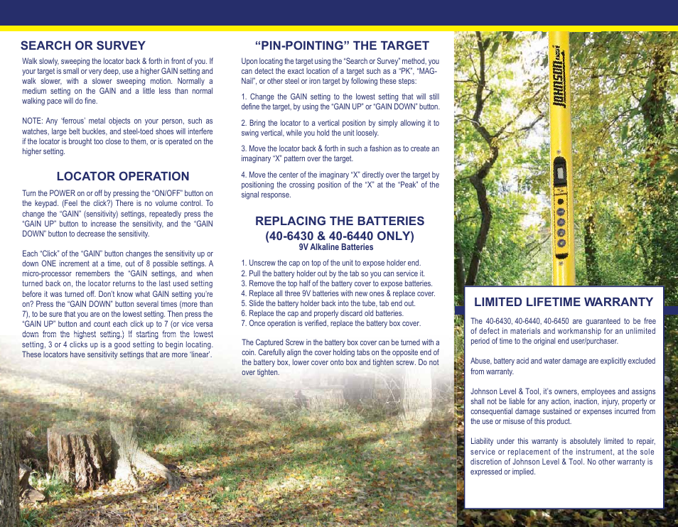 4804h-backlow, Search or survey, Locator operation | Limited lifetime warranty | Johnson Level & Tool Mfg. 40-6450 User Manual | Page 2 / 2