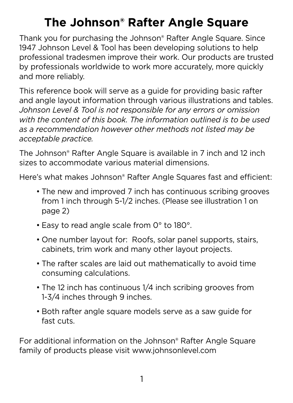 The johnson® rafter angle square | Johnson Level & Tool Mfg. RAS-1 User Manual | Page 3 / 67