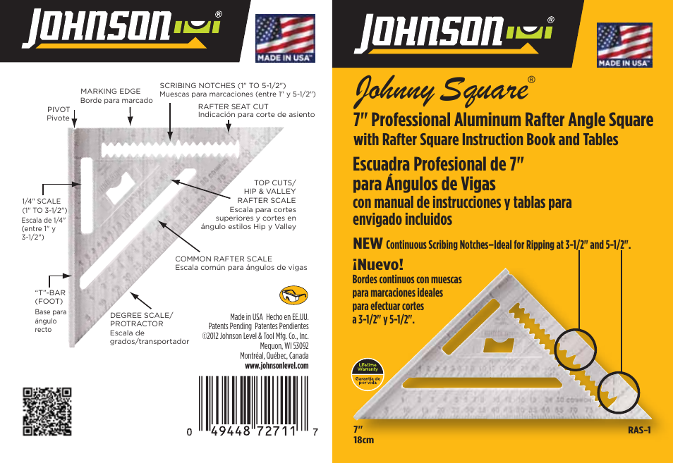 Ras-1 back cover, Johnny square, 7" professional aluminum rafter angle square | Escuadra profesional de 7" para ángulos de vigas, With rafter square instruction book and tables, Nuevo | Johnson Level & Tool Mfg. RAS-1 User Manual | Page 67 / 67