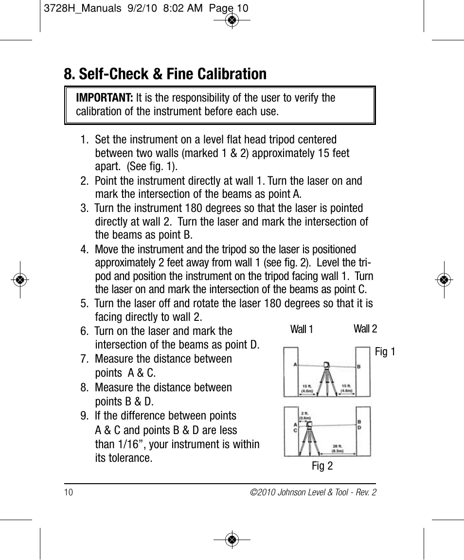 Self-check & fine calibration | Johnson Level & Tool Mfg. 40-6625 User Manual | Page 10 / 16