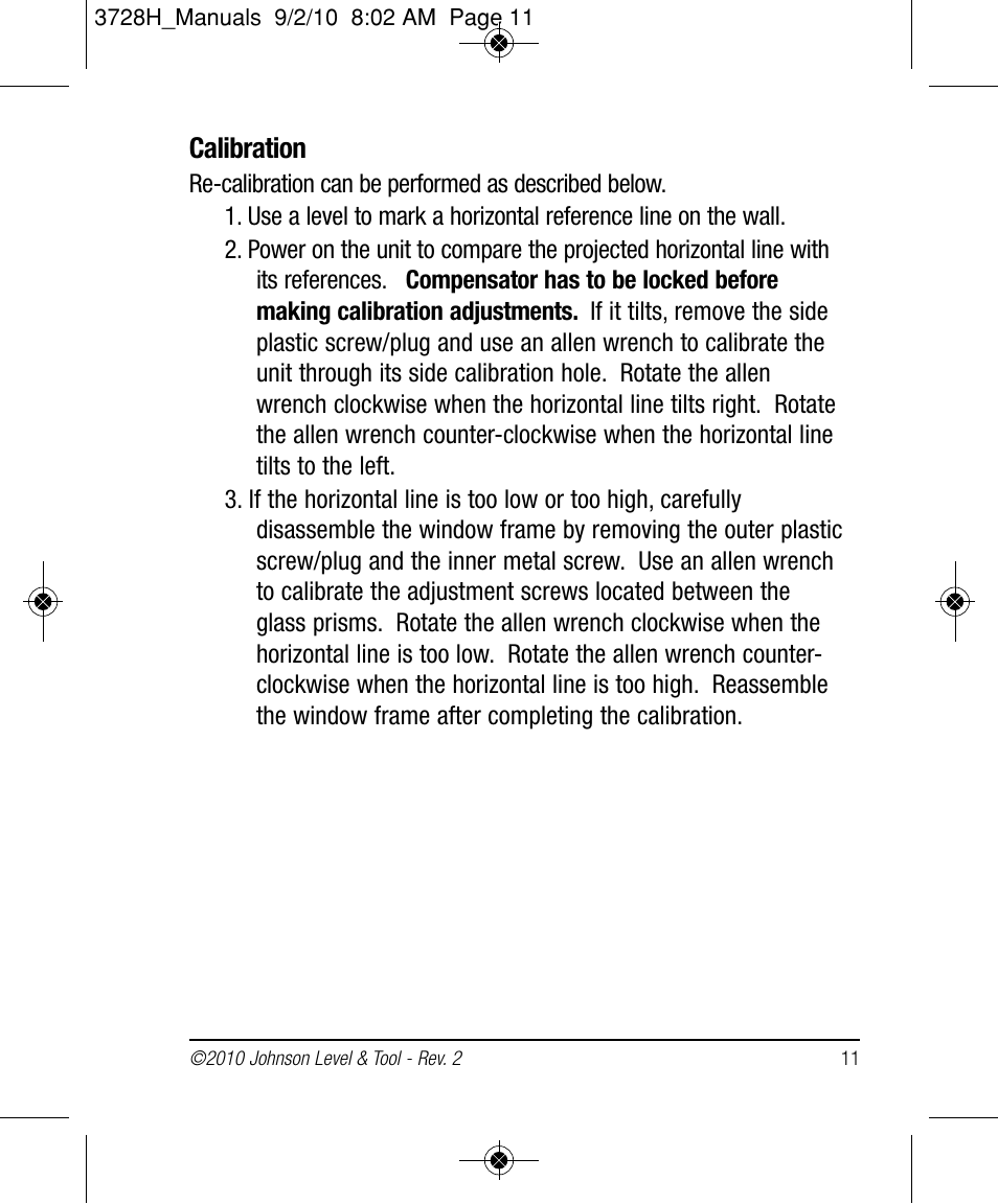 Calibration | Johnson Level & Tool Mfg. 40-6625 User Manual | Page 11 / 16