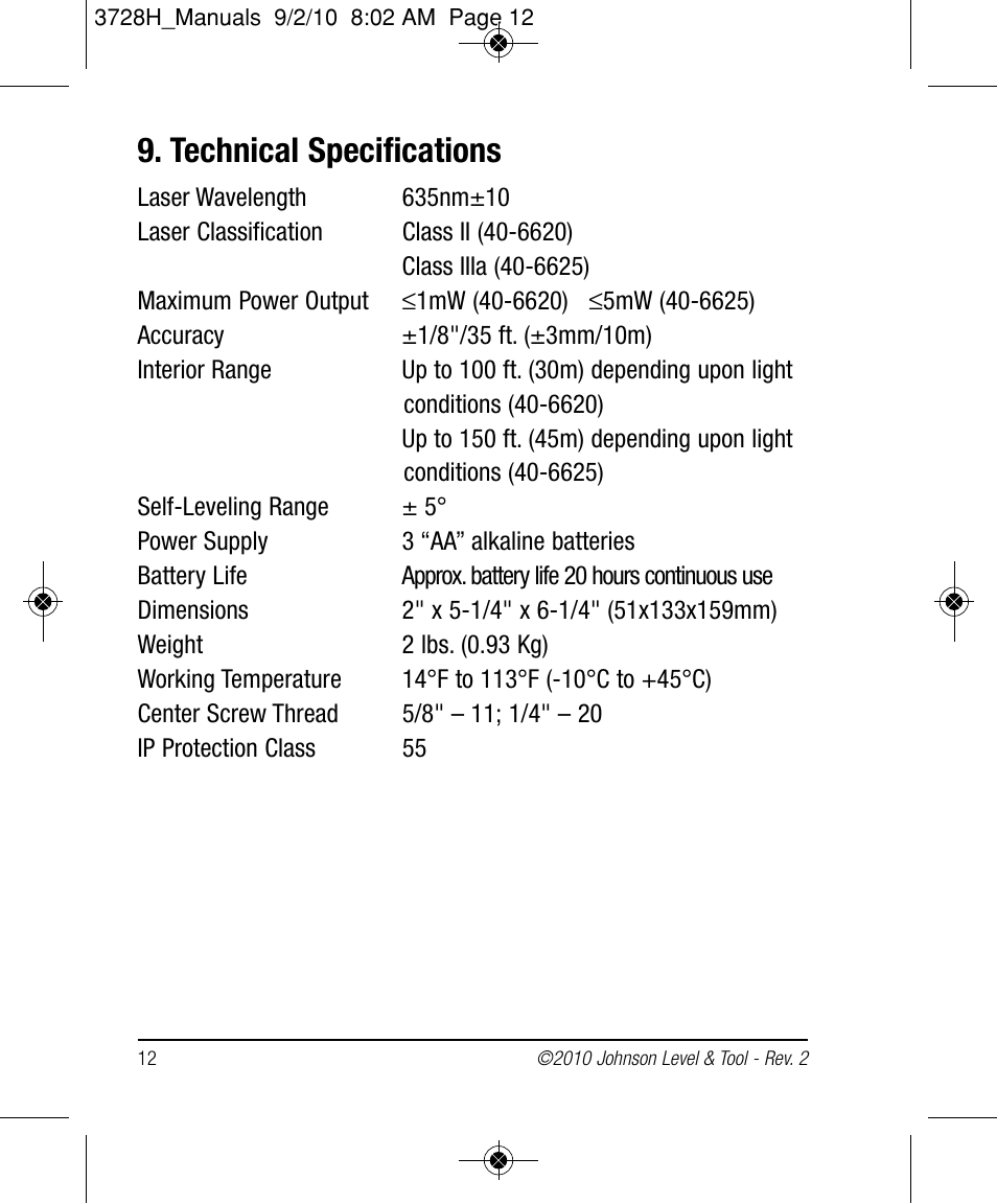 Technical specifications | Johnson Level & Tool Mfg. 40-6625 User Manual | Page 12 / 16