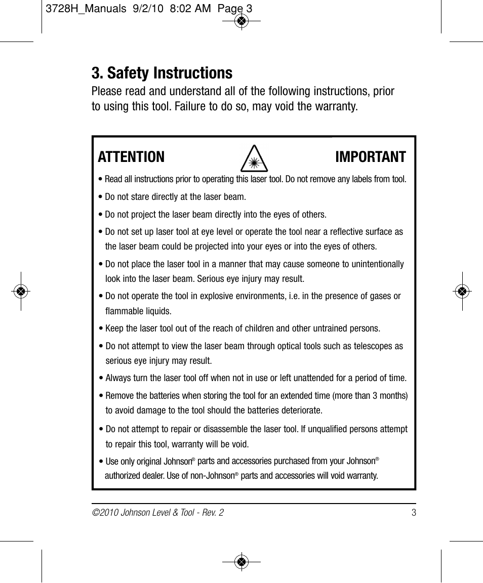 Safety instructions, Attention important | Johnson Level & Tool Mfg. 40-6625 User Manual | Page 3 / 16