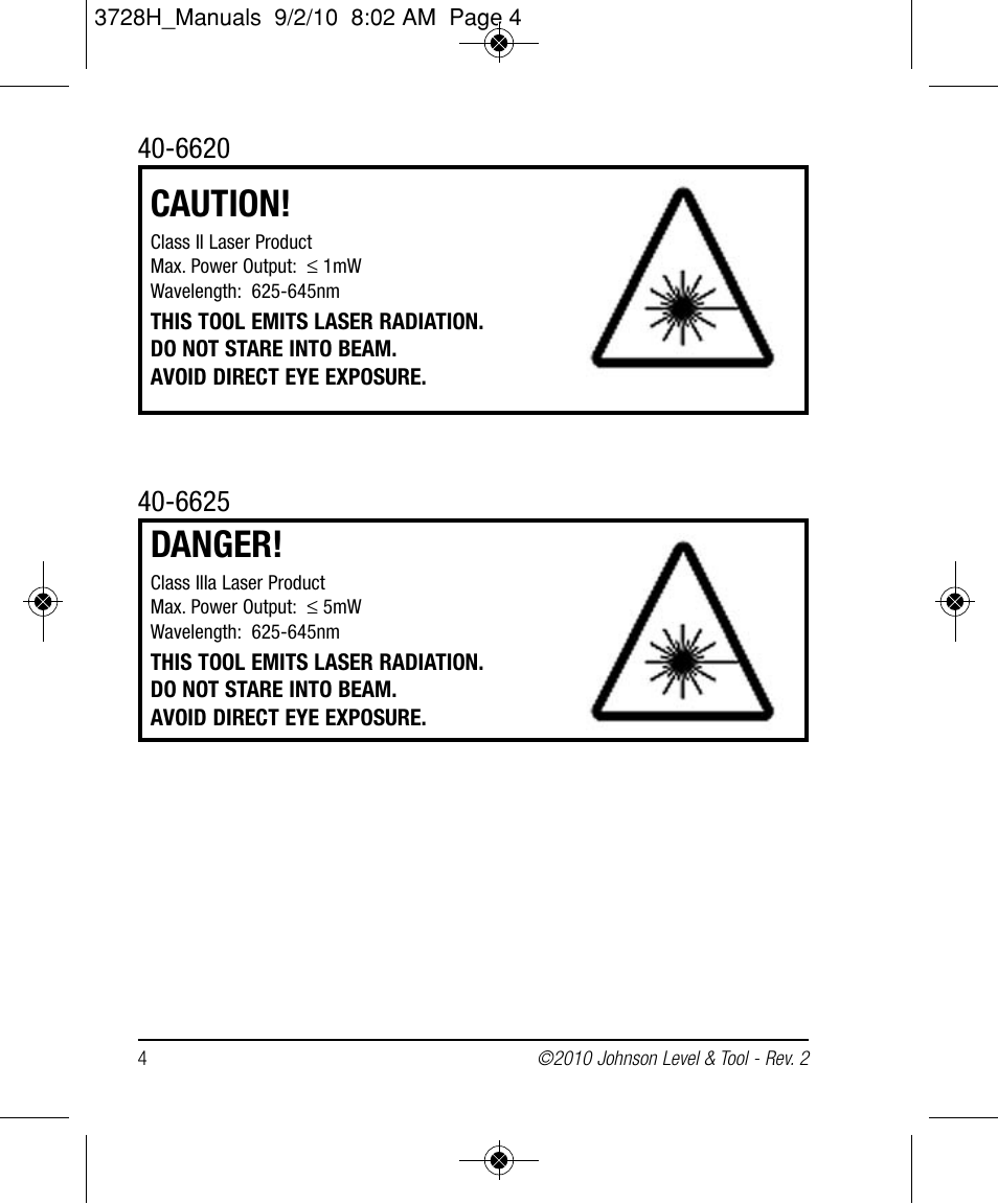 Caution, Danger | Johnson Level & Tool Mfg. 40-6625 User Manual | Page 4 / 16