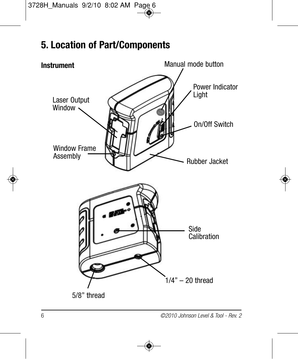 Location of part/components | Johnson Level & Tool Mfg. 40-6625 User Manual | Page 6 / 16