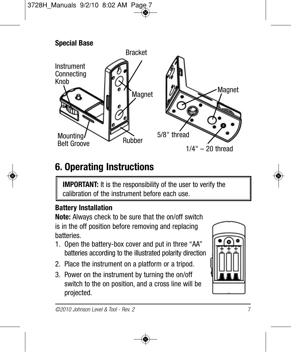 Operating instructions | Johnson Level & Tool Mfg. 40-6625 User Manual | Page 7 / 16