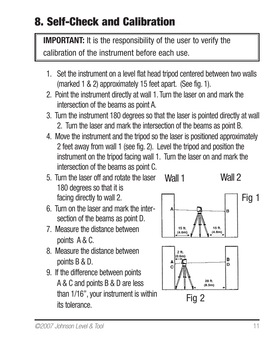 Self-check and calibration, Wall 1 wall 2 fig 1 fig 2 | Johnson Level & Tool Mfg. 40-6640 User Manual | Page 11 / 20