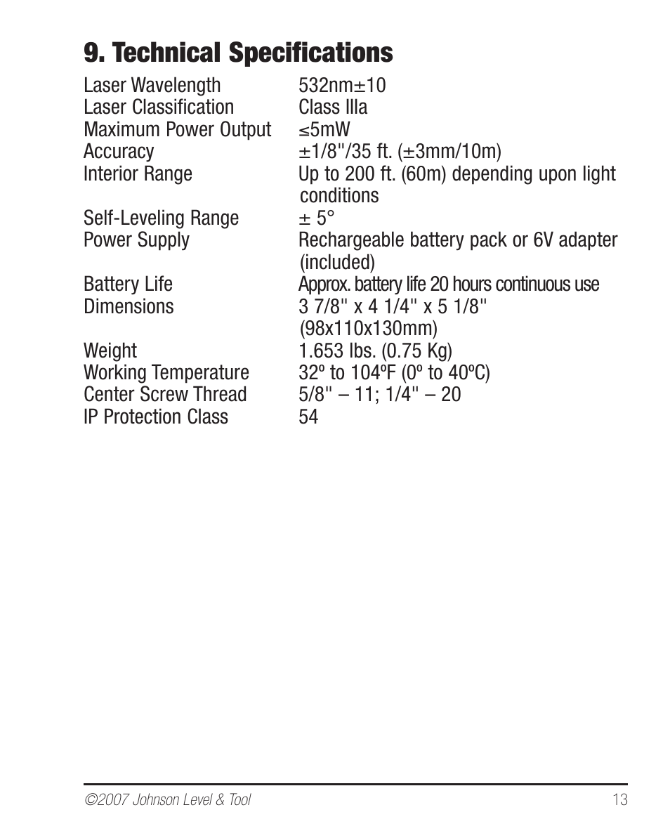 Technical specifications | Johnson Level & Tool Mfg. 40-6640 User Manual | Page 13 / 20