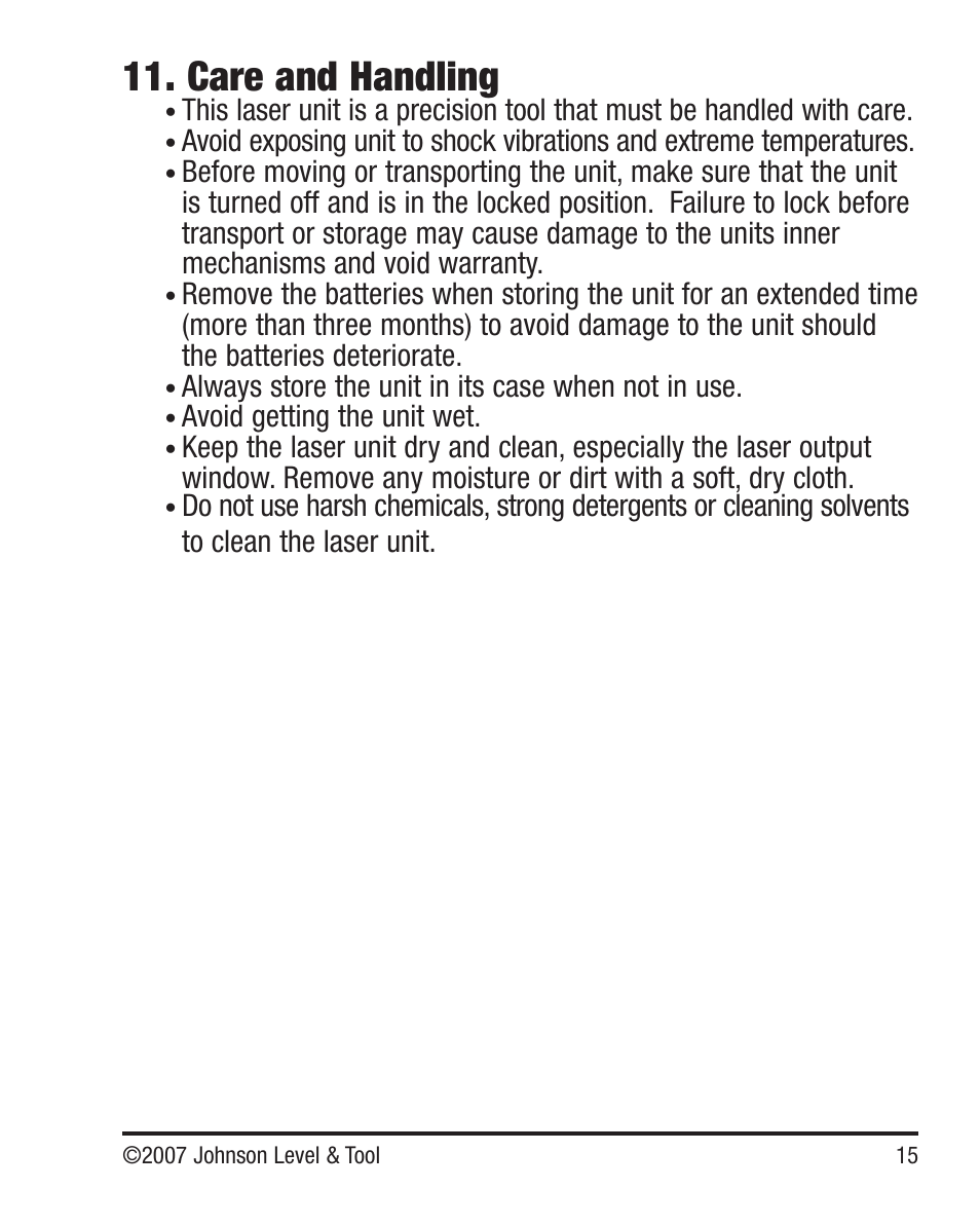 Care and handling | Johnson Level & Tool Mfg. 40-6640 User Manual | Page 15 / 20