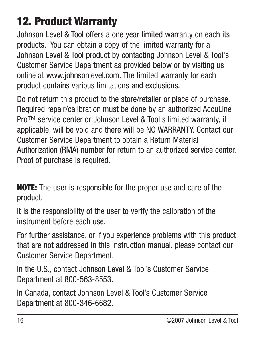 Product warranty | Johnson Level & Tool Mfg. 40-6640 User Manual | Page 16 / 20