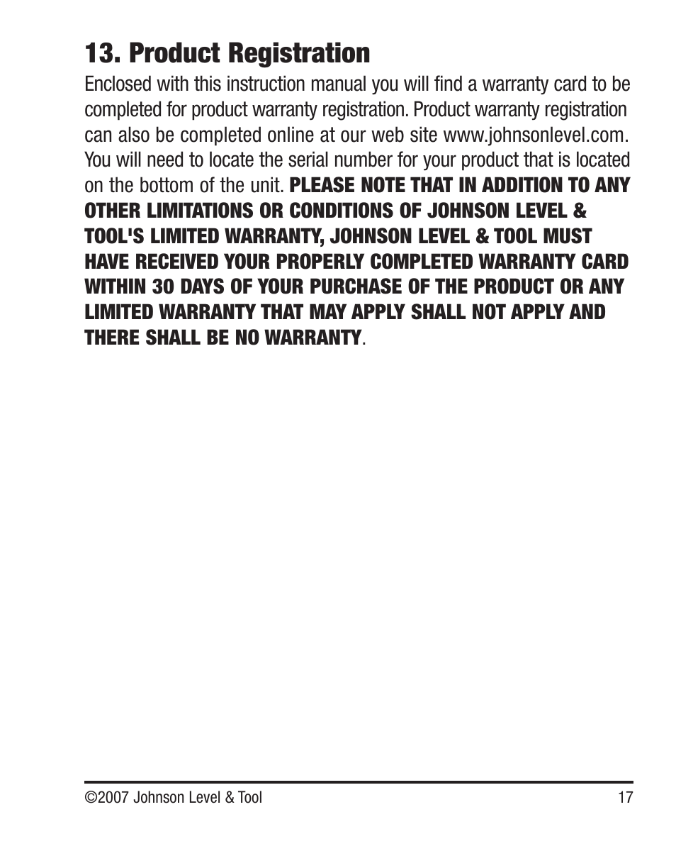 Product registration | Johnson Level & Tool Mfg. 40-6640 User Manual | Page 17 / 20