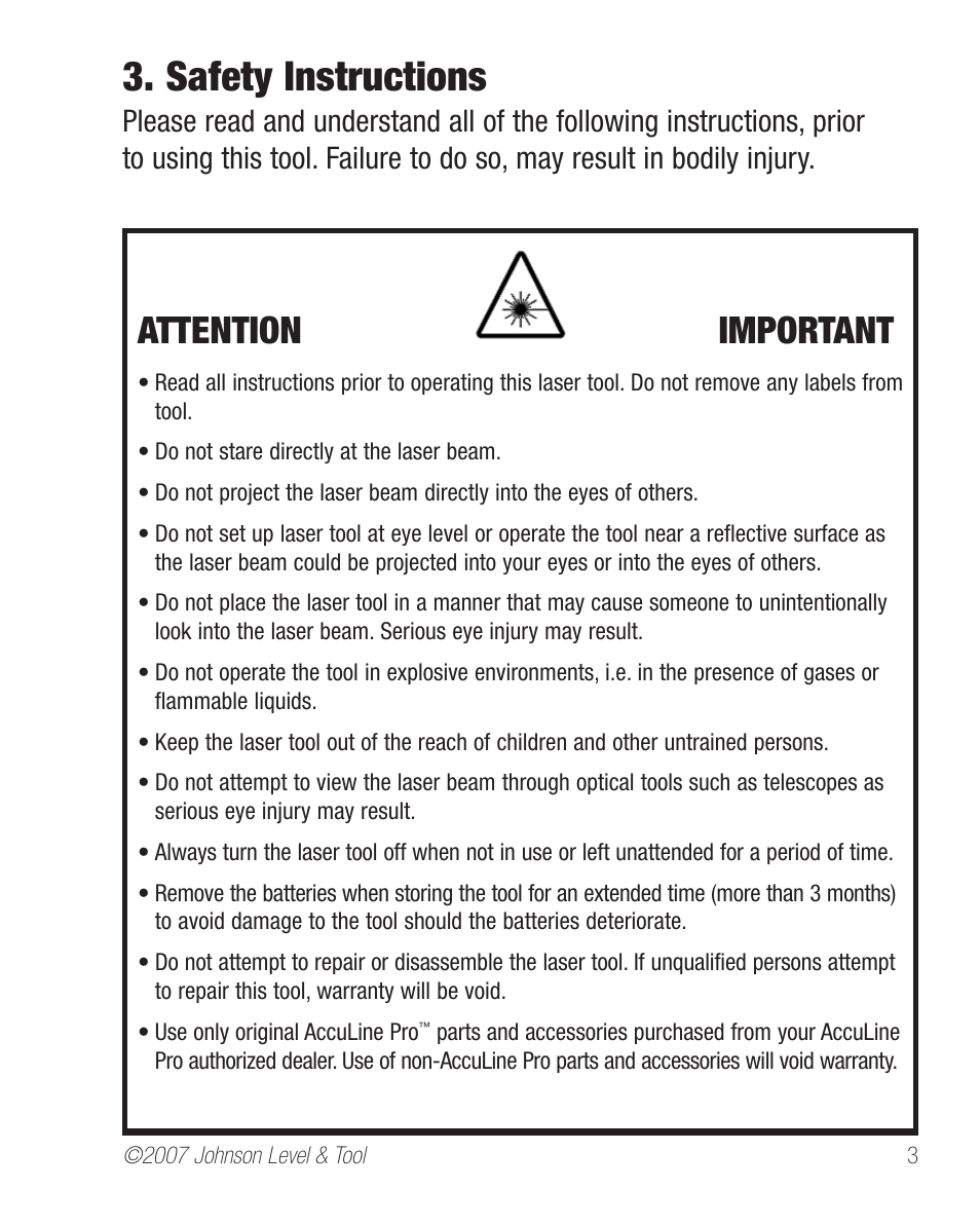 Safety instructions, Attention important | Johnson Level & Tool Mfg. 40-6640 User Manual | Page 3 / 20