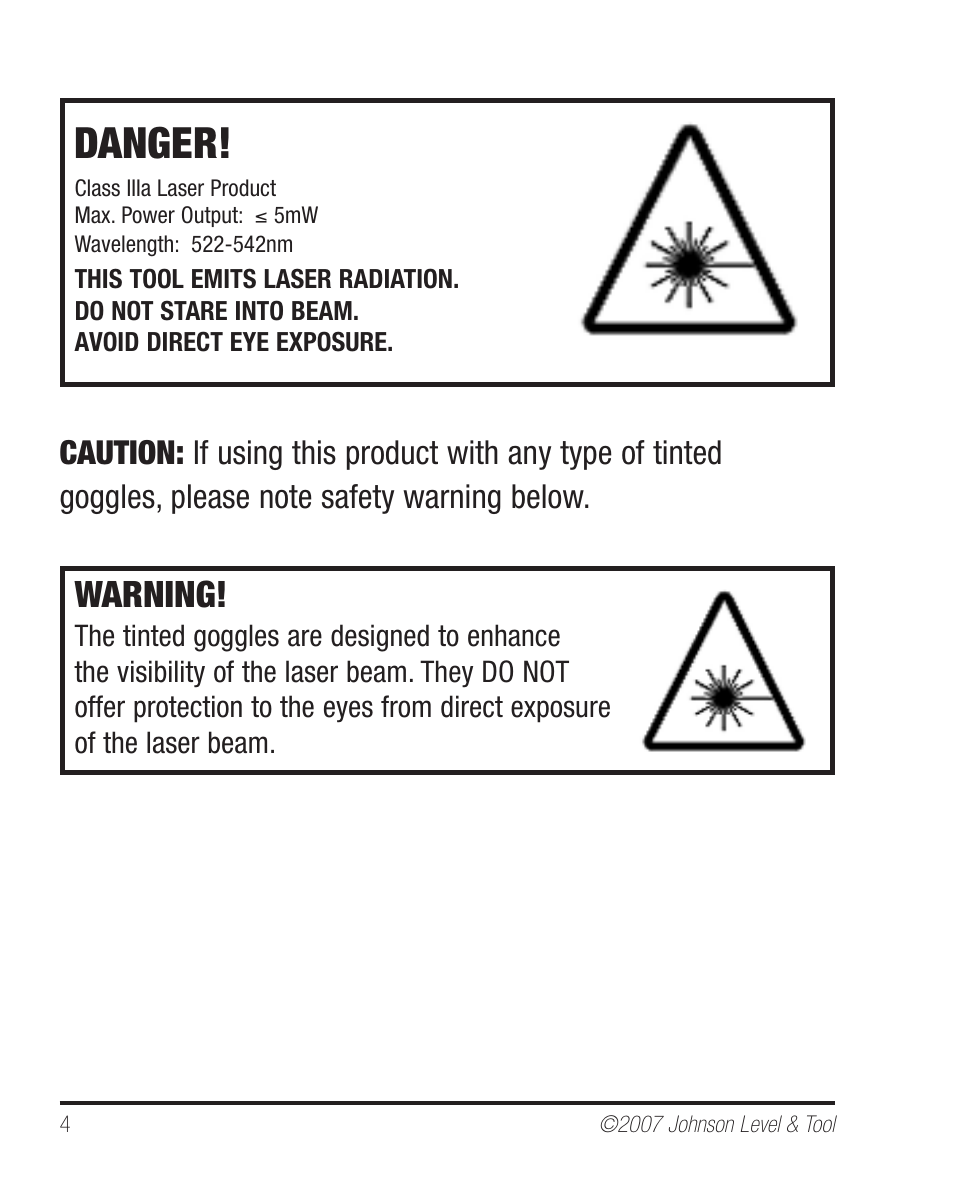 Danger, Warning | Johnson Level & Tool Mfg. 40-6640 User Manual | Page 4 / 20
