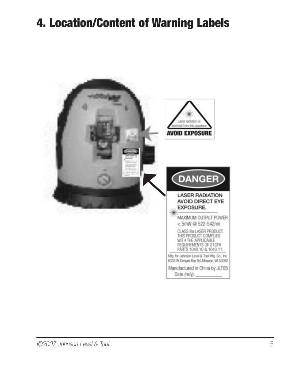 Location/content of warning labels | Johnson Level & Tool Mfg. 40-6640 User Manual | Page 5 / 20