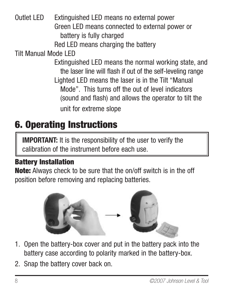 Operating instructions | Johnson Level & Tool Mfg. 40-6640 User Manual | Page 8 / 20